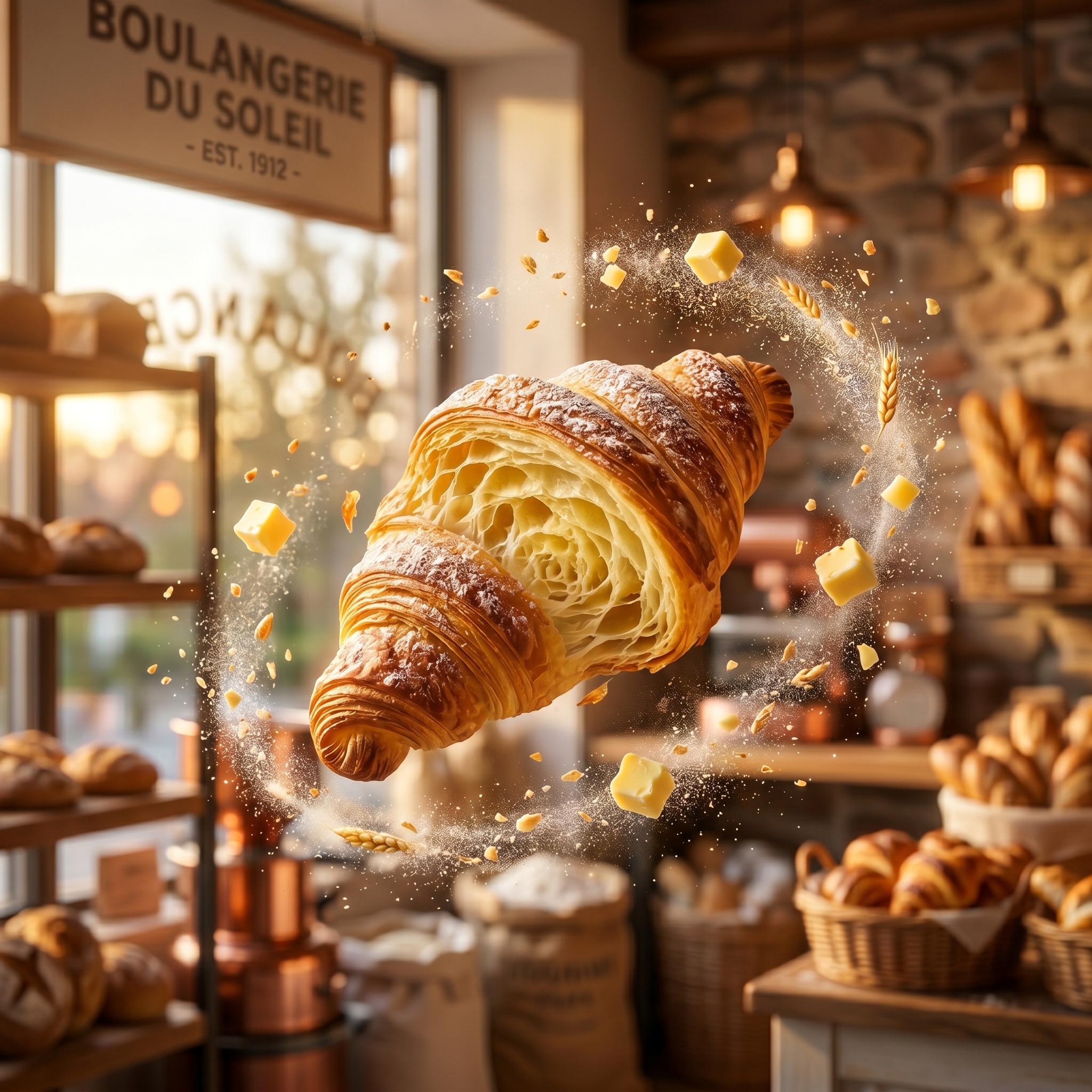 A golden flaky croissant floating in mid-air