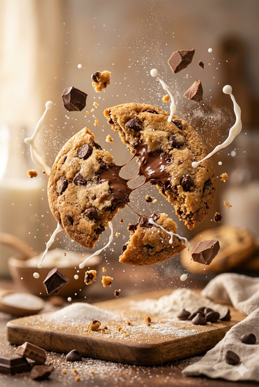 Fresh chocolate chip cookies breaking apart mid-air