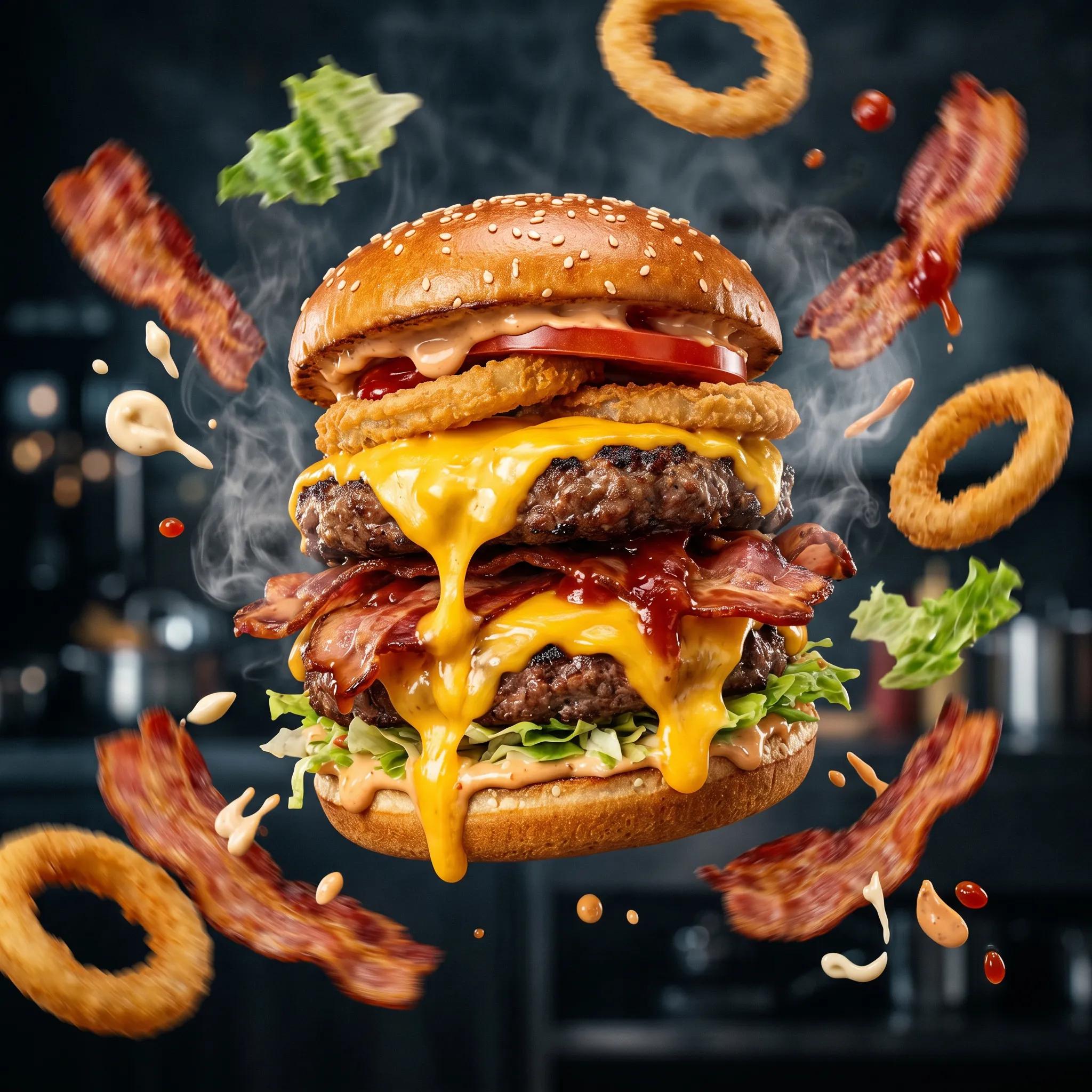 A massive double cheeseburger floating in mid-air