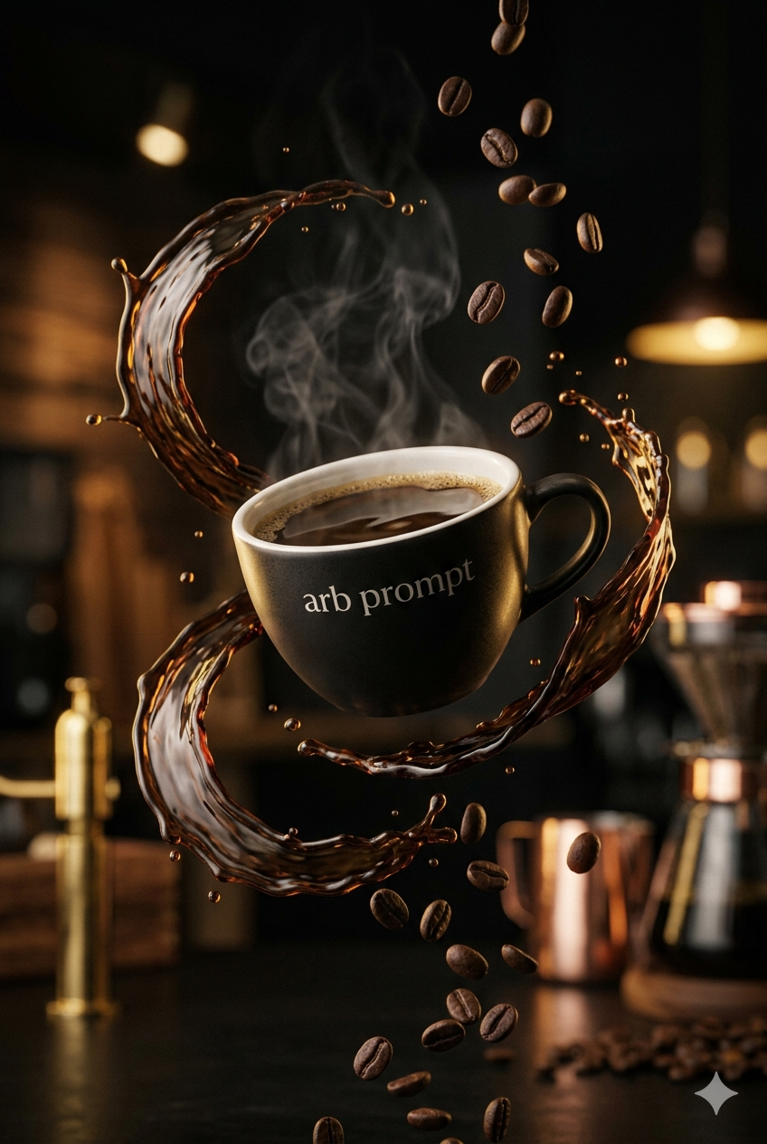 A premium cup of hot coffee suspended mid-air