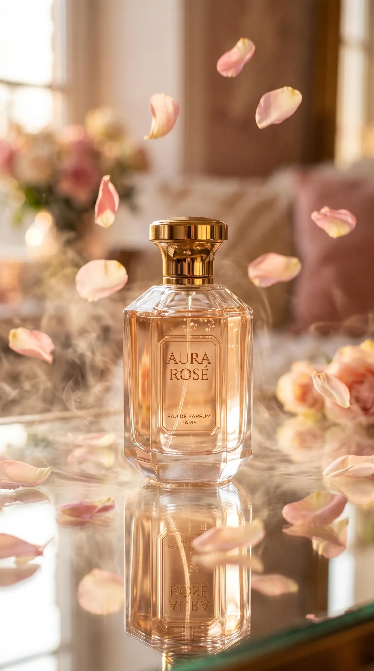 A front-facing product photo of a luxury glass perfume