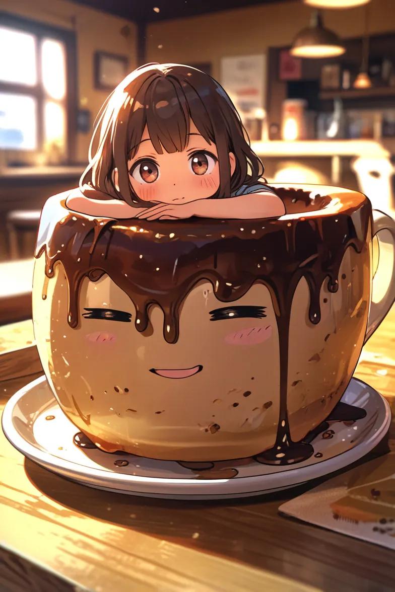 A chibi-style character sitting inside a giant donut-shaped coffee mug