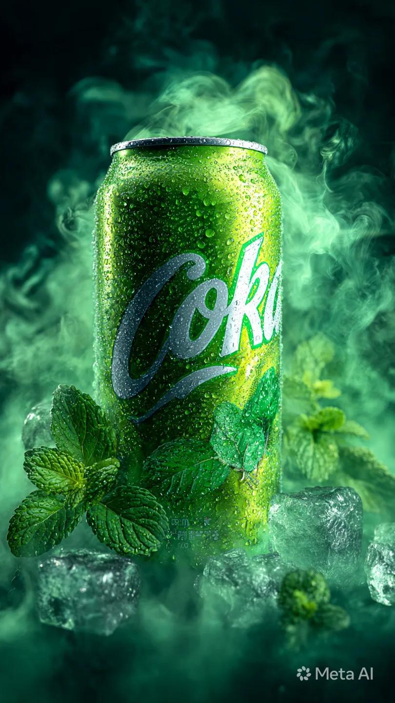 Refreshing soda can surrounded by mint leaves