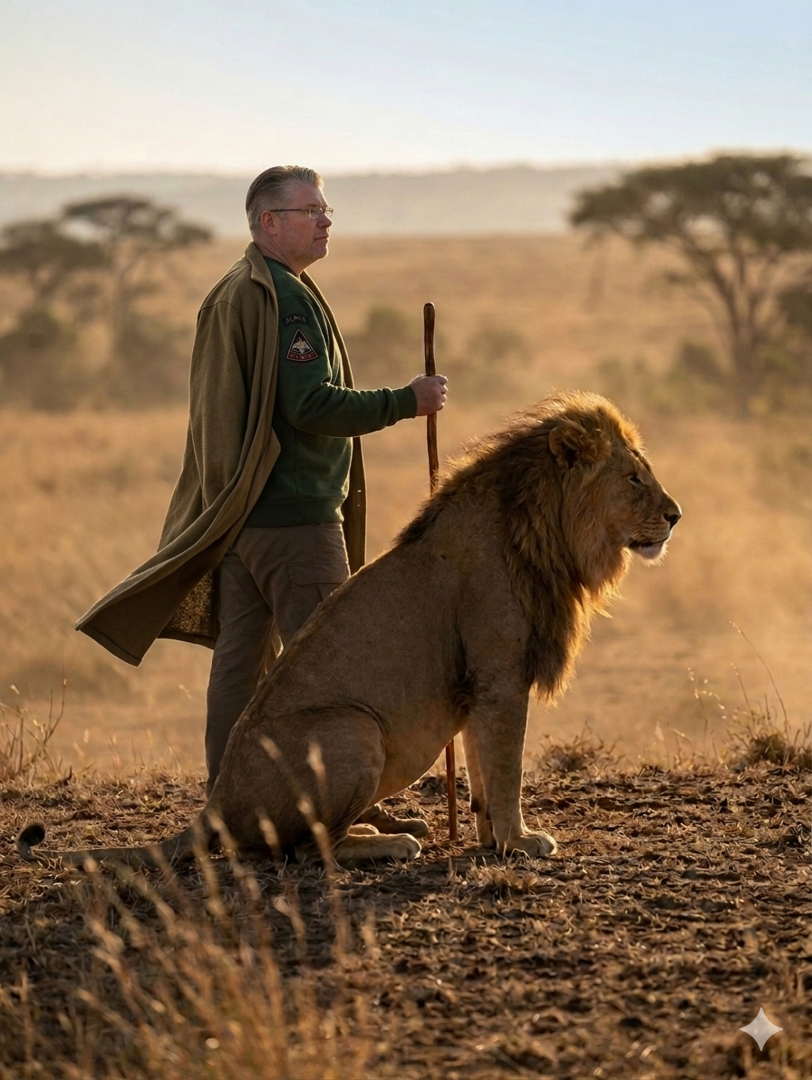 Next to a large lion sitting calmly